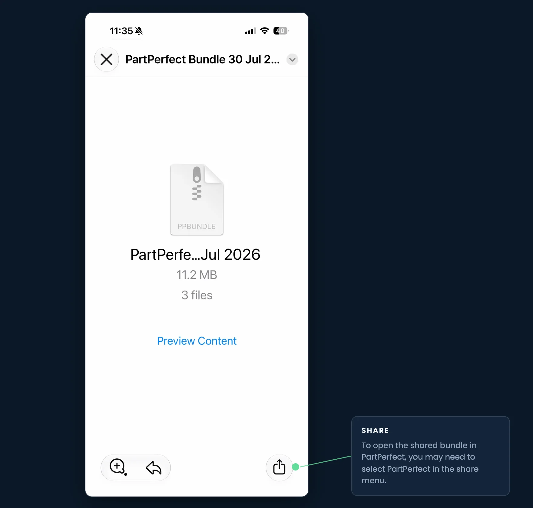 Annotated phone screenshot of a received PartPerfect bundle file, showing the share button used to open the bundle in PartPerfect via the share menu