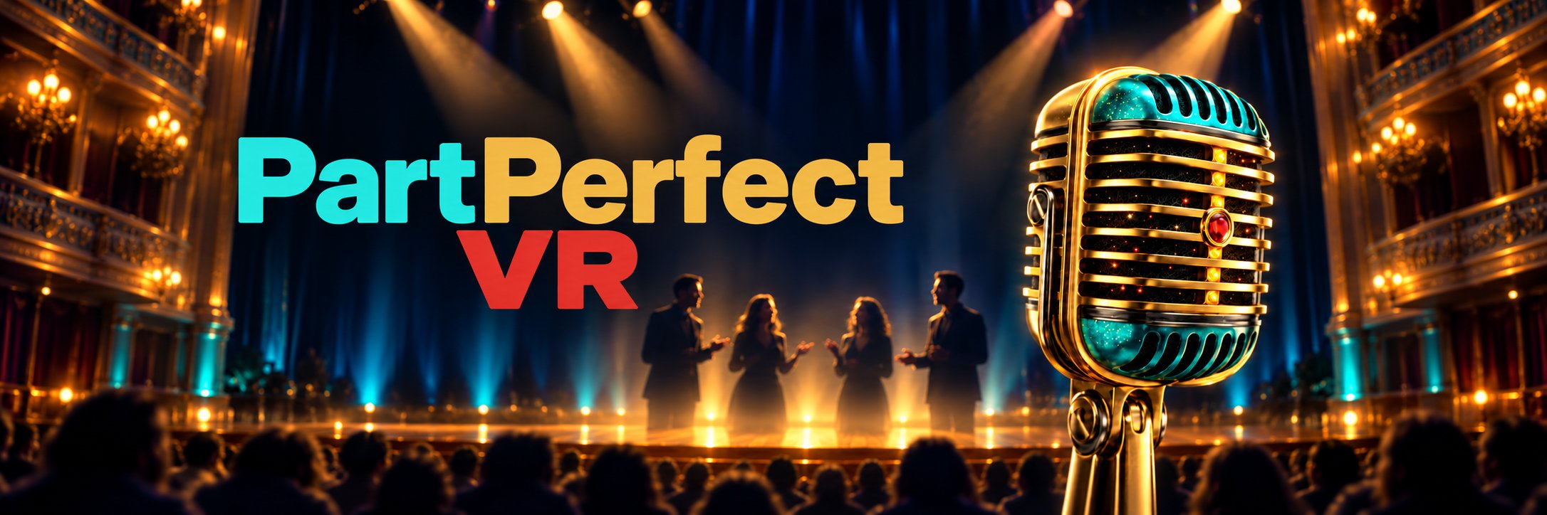 PartPerfect VR: a quartet singing on a concert hall stage under the lights, with a vintage microphone in the foreground